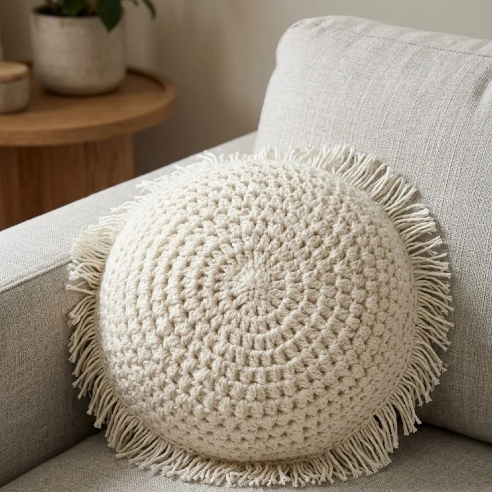 Radiant Exports Throw Pillow 16in Cream Macrame Crochet Boho Decor Fringe